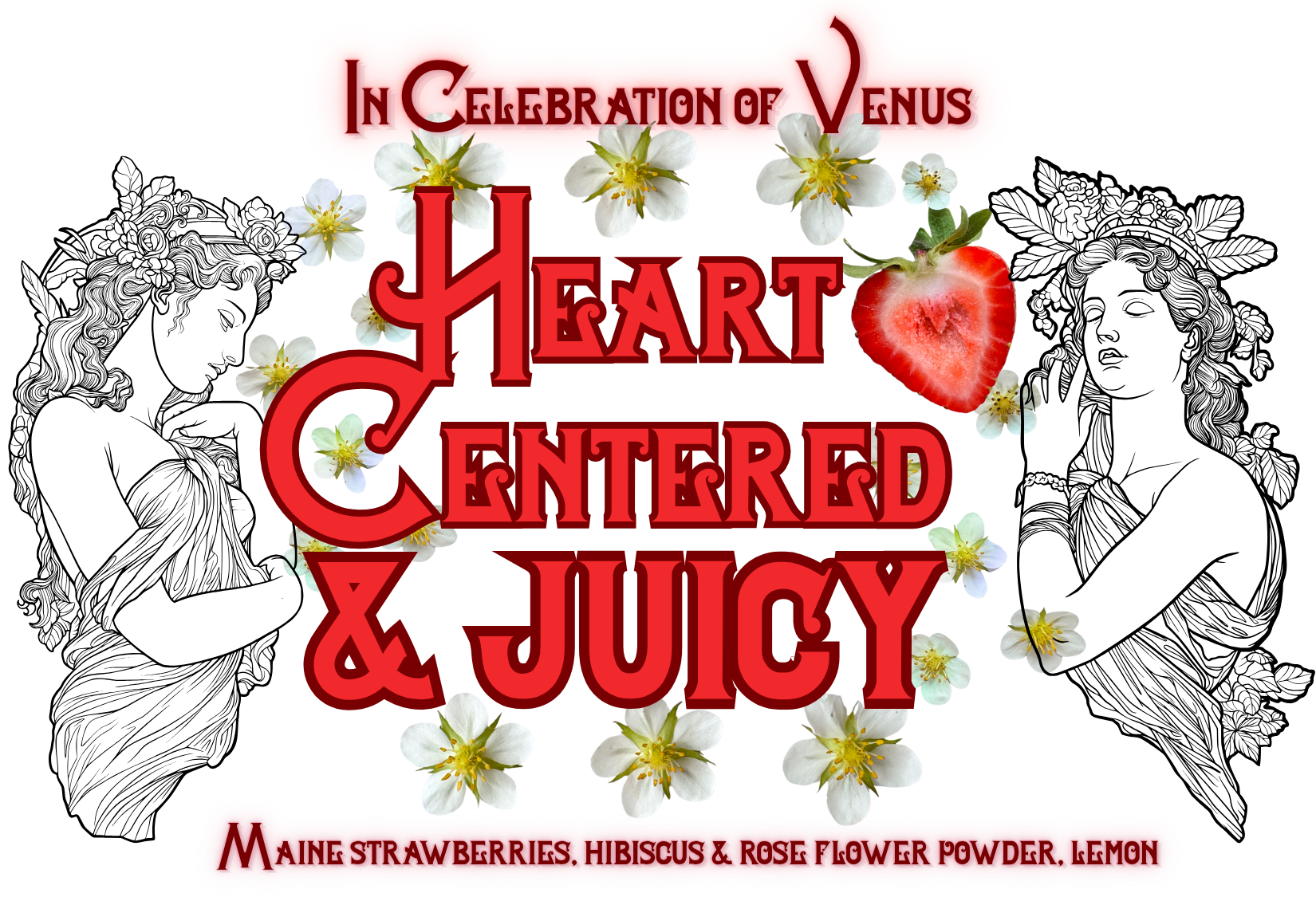 Decorative banner with 'Heart Centered & Juicy' text, strawberries, and women's illustrations on a white background.