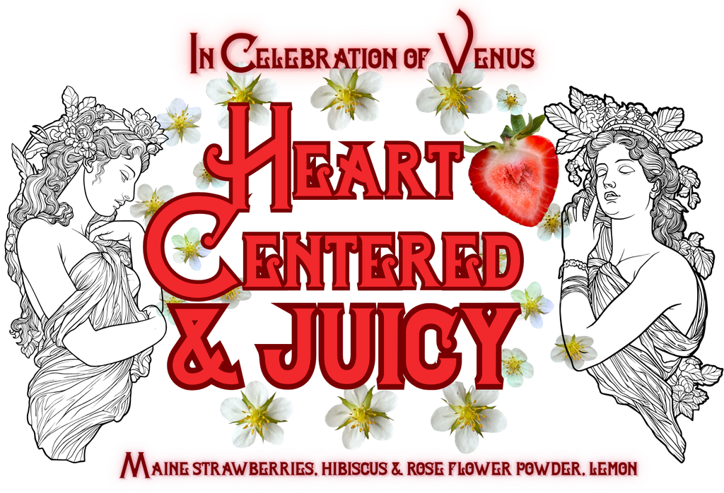 Decorative banner with 'Heart Centered & Juicy' text, strawberries, and women's illustrations on a white background.