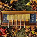 Six lollipops placed on a wooden tray with the back of the lollipop sleeve facing up showing the planetary correspondences of each flavor, displayed outdoors on a bed of fallen autumn leaves and grass.