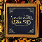 A square kraft paper box with a dark navy front label reading 'Plants and Planets Lollipops' lies outdoors on a bed of fallen autumn leaves and grass.