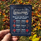 A hand holds a dark blue educational card titled 'Plants and Planets Lollipops' against a background of fallen autumn leaves on grass.