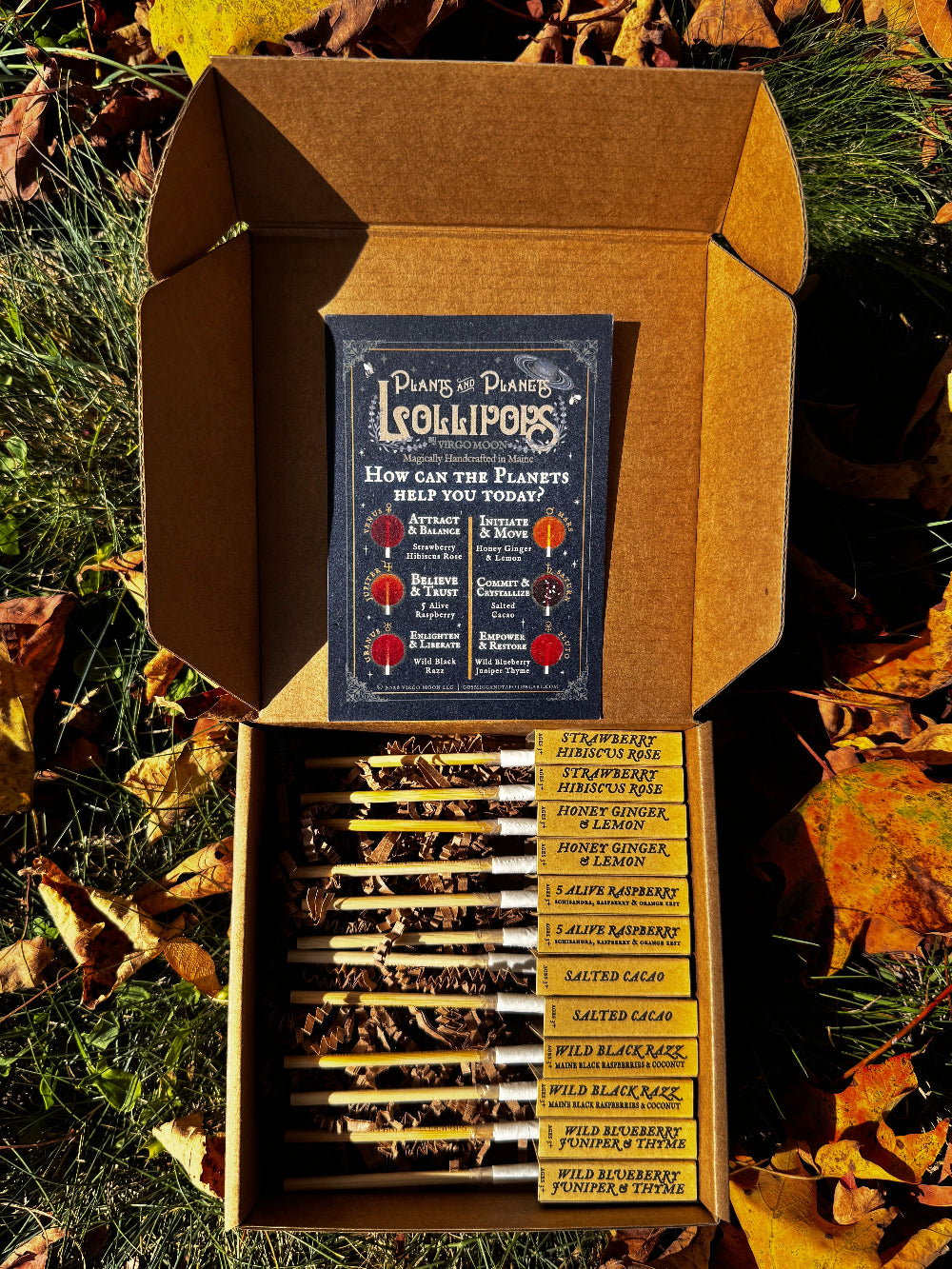 An open cardboard gift box filled with small lollipops sits outdoors on grass surrounded by fallen autumn leaves. The box lid shows a branded card reading 'Plants and Planets Lollipops: How can the Planets help you today?,' and the lollipops are arranged in rows with labeled wooden sticks visible inside.