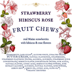 Label for Strawberry Hibiscus Rose Fruit Chews with floral illustrations and ingredient list.