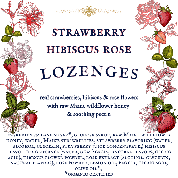 Label for Strawberry Hibiscus Rose Lozenges with floral illustrations and ingredient list.